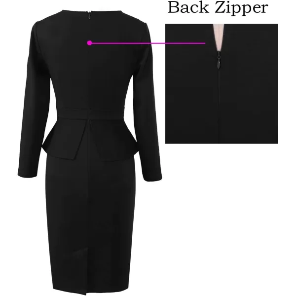 VFSHOW Womens Pleated Crew Neck Peplum Work Office Business Bodycon Sheath DressBlack Long Sleeve