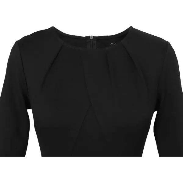 VFSHOW Womens Pleated Crew Neck Peplum Work Office Business Bodycon Sheath DressBlack Long Sleeve