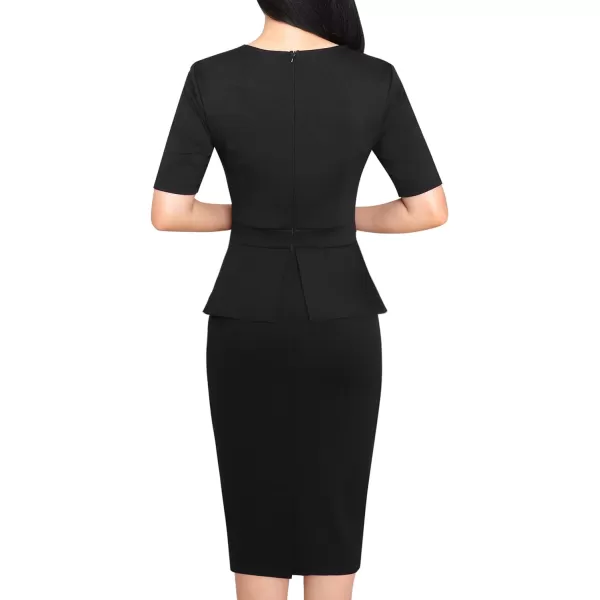 VFSHOW Womens Pleated Crew Neck Peplum Work Office Business Bodycon Sheath DressBlack Short Sleeve2