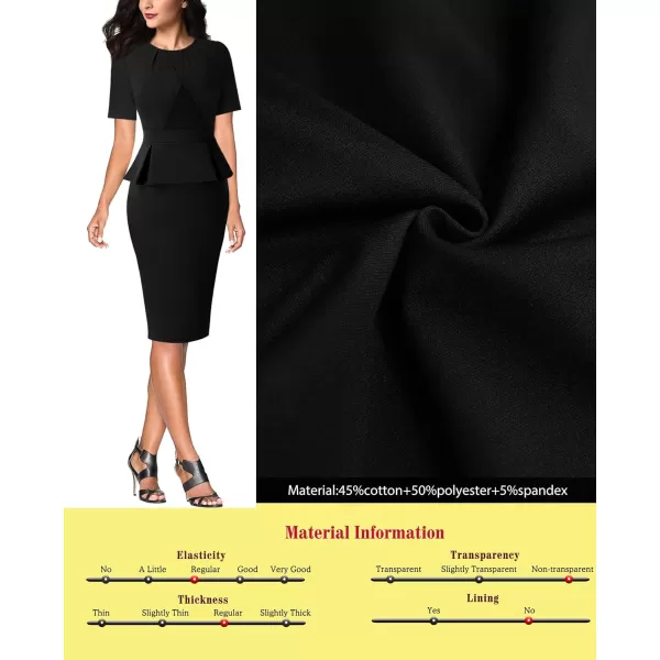 VFSHOW Womens Pleated Crew Neck Peplum Work Office Business Bodycon Sheath DressBlack Short Sleeve2