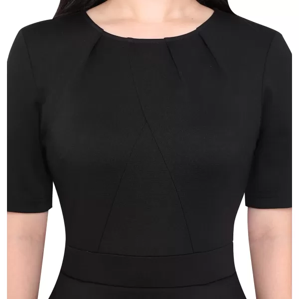 VFSHOW Womens Pleated Crew Neck Peplum Work Office Business Bodycon Sheath DressBlack Short Sleeve2