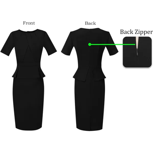 VFSHOW Womens Pleated Crew Neck Peplum Work Office Business Bodycon Sheath DressBlack Short Sleeve2