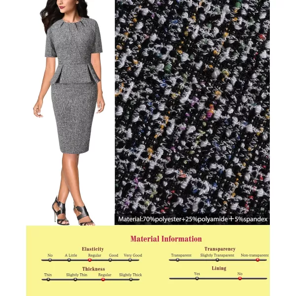 VFSHOW Womens Pleated Crew Neck Peplum Work Office Business Bodycon Sheath DressBlack Tweed2