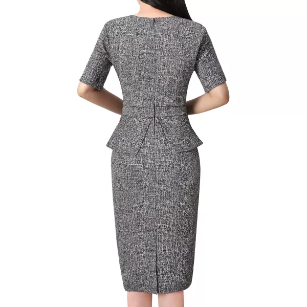 VFSHOW Womens Pleated Crew Neck Peplum Work Office Business Bodycon Sheath DressBlack Tweed2