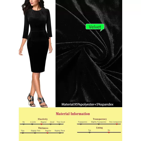 VFSHOW Womens Pleated Crew Neck Peplum Work Office Business Bodycon Sheath DressBlack Velvet