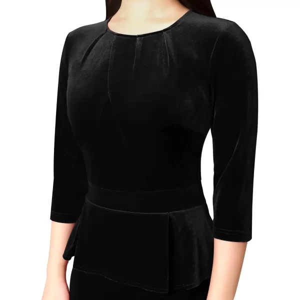 VFSHOW Womens Pleated Crew Neck Peplum Work Office Business Bodycon Sheath DressBlack Velvet