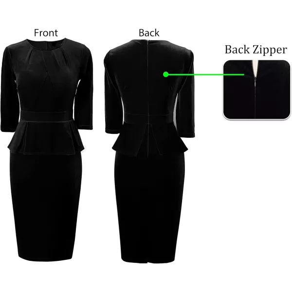 VFSHOW Womens Pleated Crew Neck Peplum Work Office Business Bodycon Sheath DressBlack Velvet