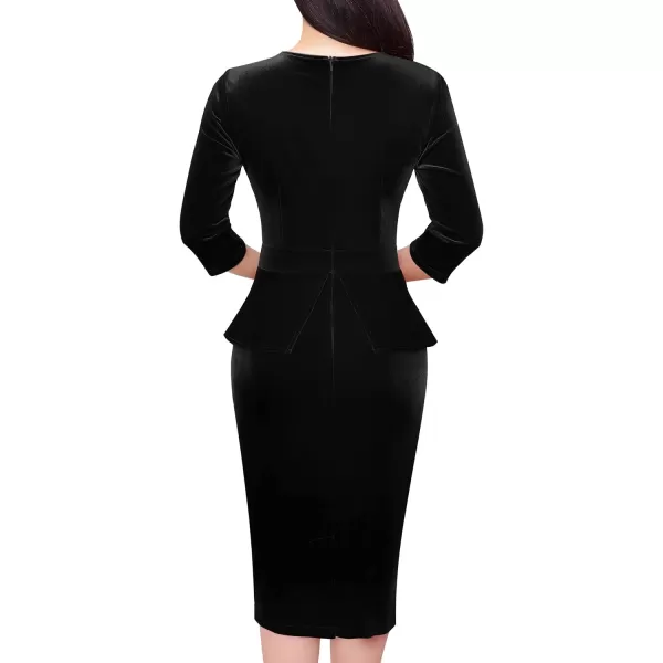 VFSHOW Womens Pleated Crew Neck Peplum Work Office Business Bodycon Sheath DressBlack Velvet