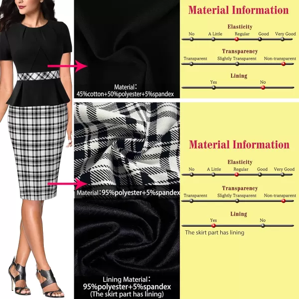 VFSHOW Womens Pleated Crew Neck Peplum Work Office Business Bodycon Sheath DressBlack and White Check Print