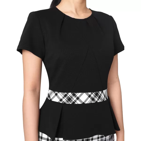 VFSHOW Womens Pleated Crew Neck Peplum Work Office Business Bodycon Sheath DressBlack and White Check Print