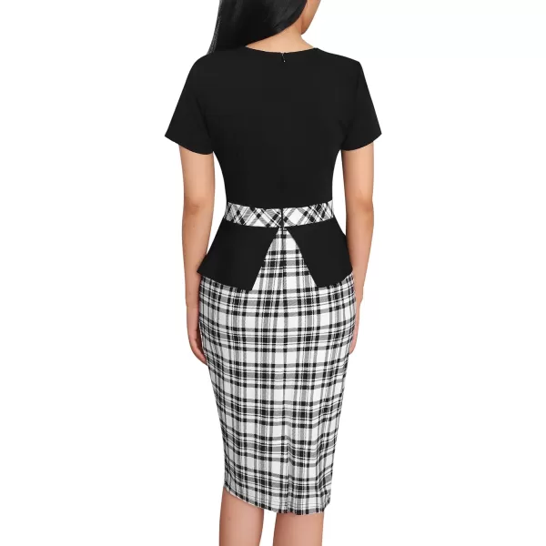 VFSHOW Womens Pleated Crew Neck Peplum Work Office Business Bodycon Sheath DressBlack and White Check Print