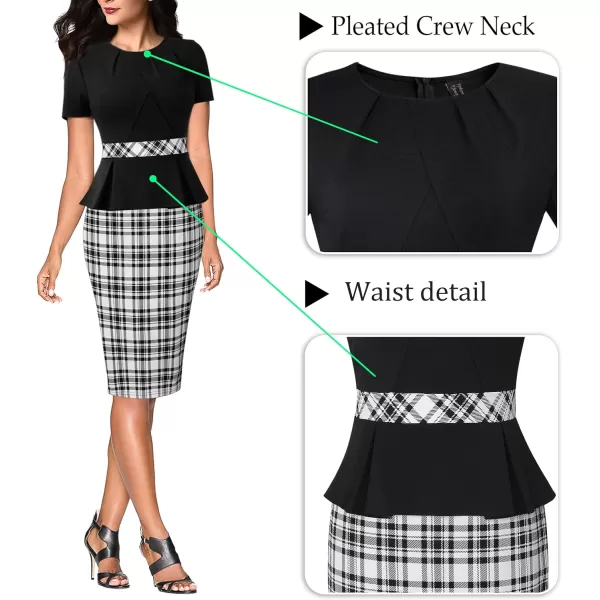 VFSHOW Womens Pleated Crew Neck Peplum Work Office Business Bodycon Sheath DressBlack and White Check Print