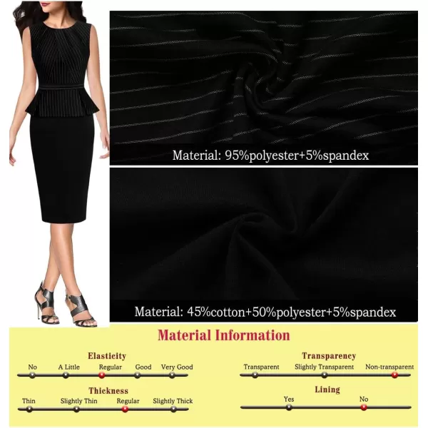 VFSHOW Womens Pleated Crew Neck Peplum Work Office Business Bodycon Sheath DressBlack and White Pinstriped Sleeveless