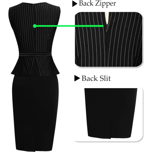 VFSHOW Womens Pleated Crew Neck Peplum Work Office Business Bodycon Sheath DressBlack and White Pinstriped Sleeveless