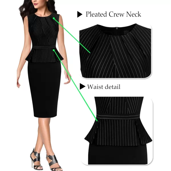 VFSHOW Womens Pleated Crew Neck Peplum Work Office Business Bodycon Sheath DressBlack and White Pinstriped Sleeveless