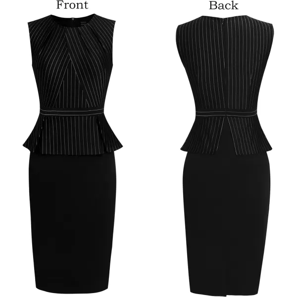 VFSHOW Womens Pleated Crew Neck Peplum Work Office Business Bodycon Sheath DressBlack and White Pinstriped Sleeveless