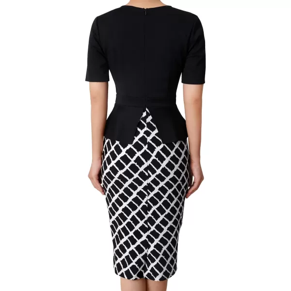 VFSHOW Womens Pleated Crew Neck Peplum Work Office Business Bodycon Sheath DressBlack and White Tartan2