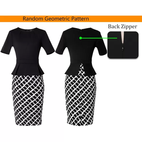 VFSHOW Womens Pleated Crew Neck Peplum Work Office Business Bodycon Sheath DressBlack and White Tartan2