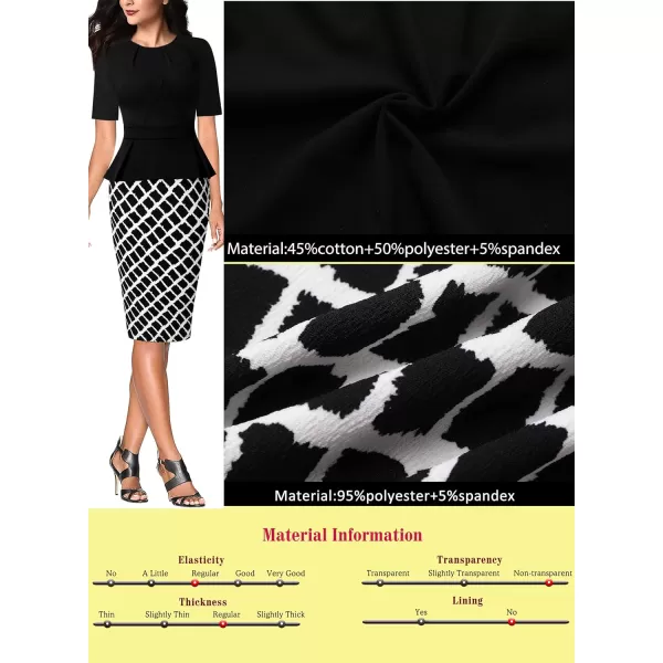 VFSHOW Womens Pleated Crew Neck Peplum Work Office Business Bodycon Sheath DressBlack and White Tartan2