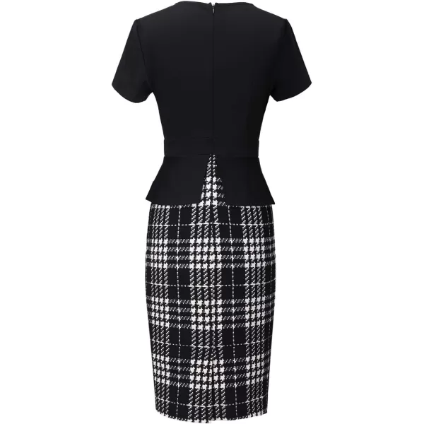 VFSHOW Womens Pleated Crew Neck Peplum Work Office Business Bodycon Sheath DressBlackwhite Tartan 2