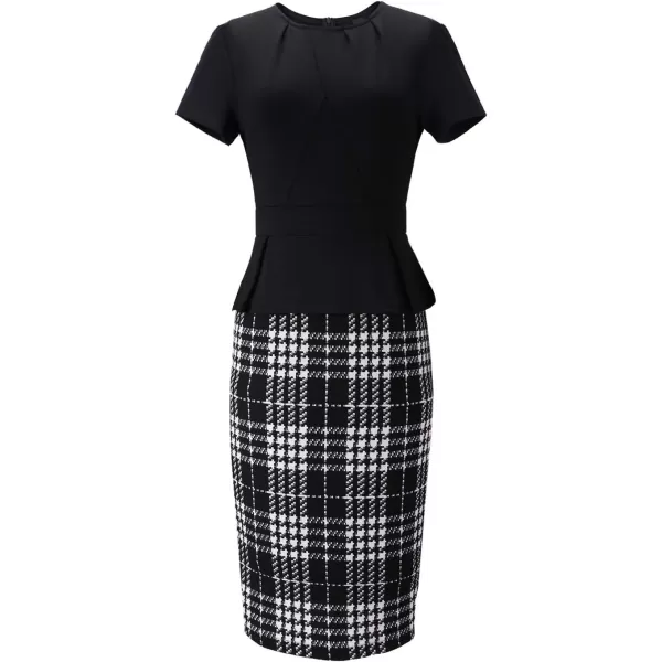 VFSHOW Womens Pleated Crew Neck Peplum Work Office Business Bodycon Sheath DressBlackwhite Tartan 2