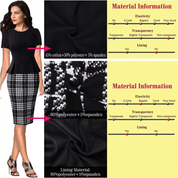 VFSHOW Womens Pleated Crew Neck Peplum Work Office Business Bodycon Sheath DressBlackwhite Tartan 2