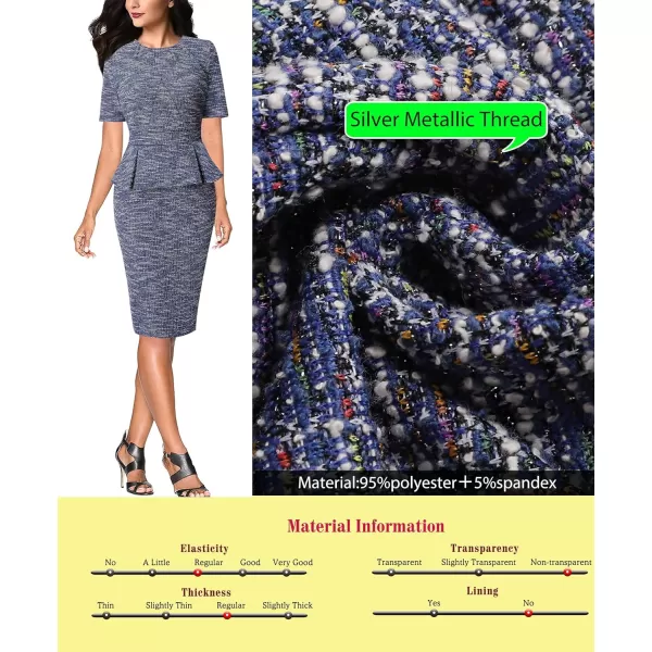 VFSHOW Womens Pleated Crew Neck Peplum Work Office Business Bodycon Sheath DressBlue Tweed2