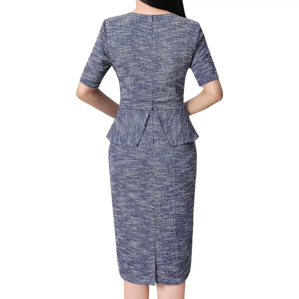 VFSHOW Womens Pleated Crew Neck Peplum Work Office Business Bodycon Sheath DressBlue Tweed2