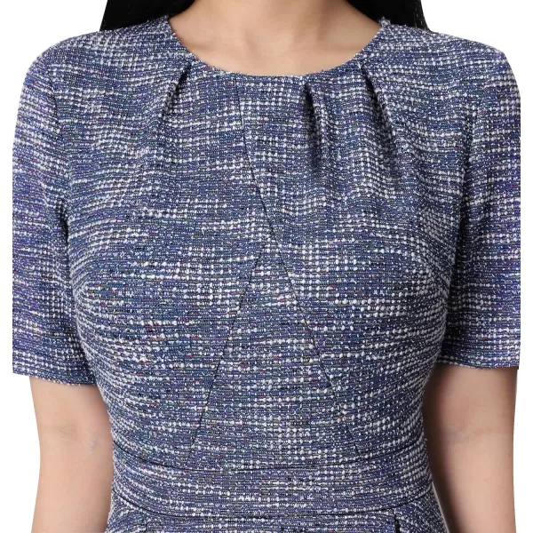 VFSHOW Womens Pleated Crew Neck Peplum Work Office Business Bodycon Sheath DressBlue Tweed2