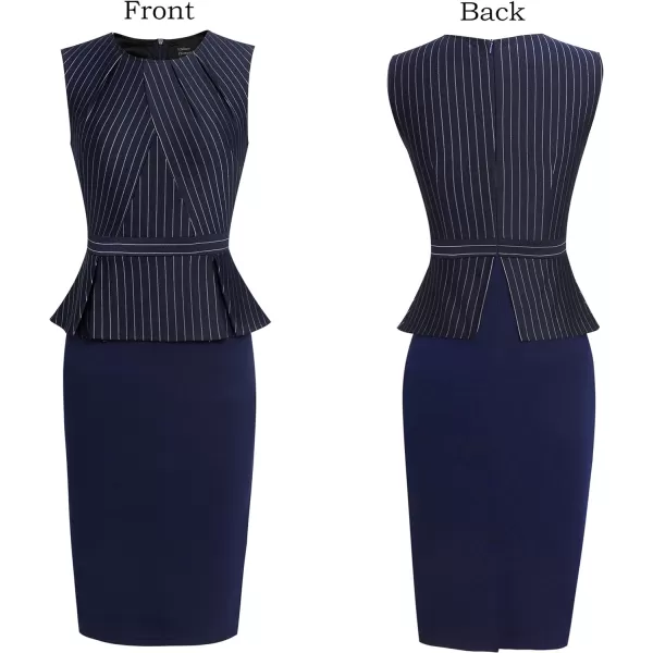 VFSHOW Womens Pleated Crew Neck Peplum Work Office Business Bodycon Sheath DressBlue and White Pinstriped Sleeveless