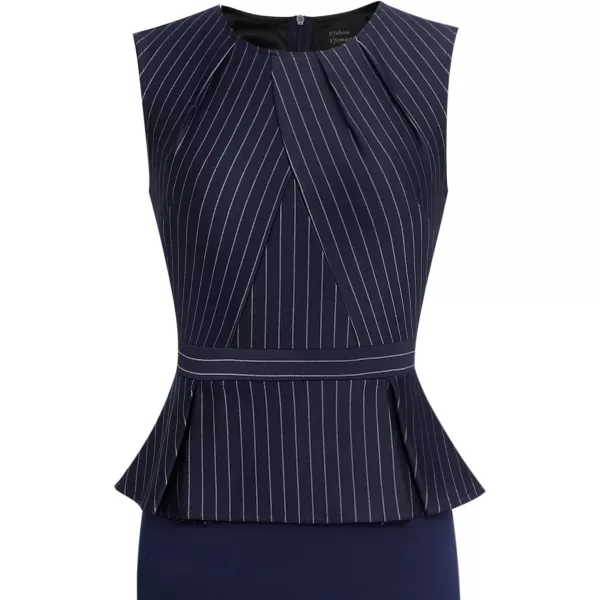 VFSHOW Womens Pleated Crew Neck Peplum Work Office Business Bodycon Sheath DressBlue and White Pinstriped Sleeveless