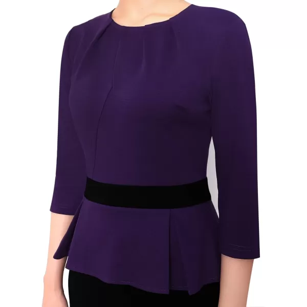 VFSHOW Womens Pleated Crew Neck Peplum Work Office Business Bodycon Sheath DressDark Purple Black