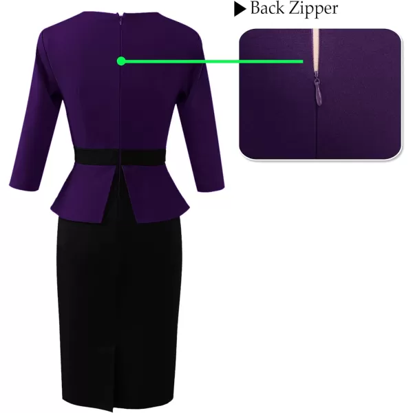 VFSHOW Womens Pleated Crew Neck Peplum Work Office Business Bodycon Sheath DressDark Purple Black