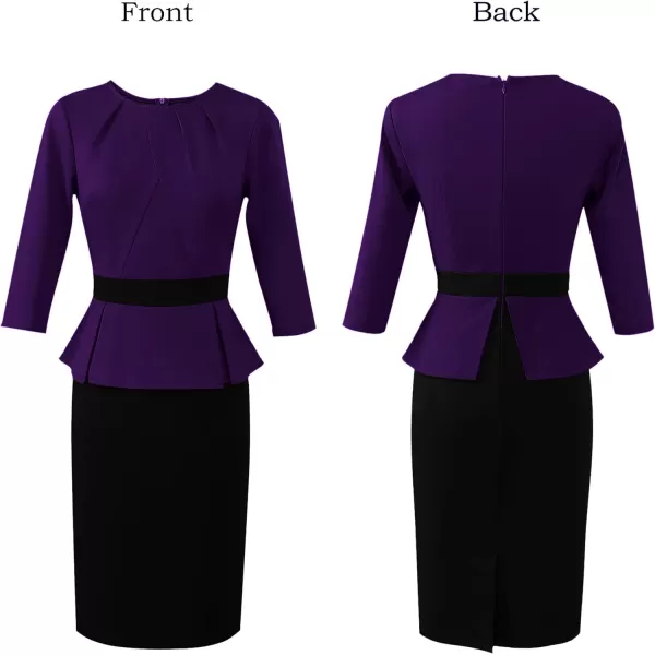 VFSHOW Womens Pleated Crew Neck Peplum Work Office Business Bodycon Sheath DressDark Purple Black