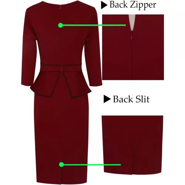 VFSHOW Womens Pleated Crew Neck Peplum Work Office Business Bodycon Sheath DressDark Red With Black Piping2