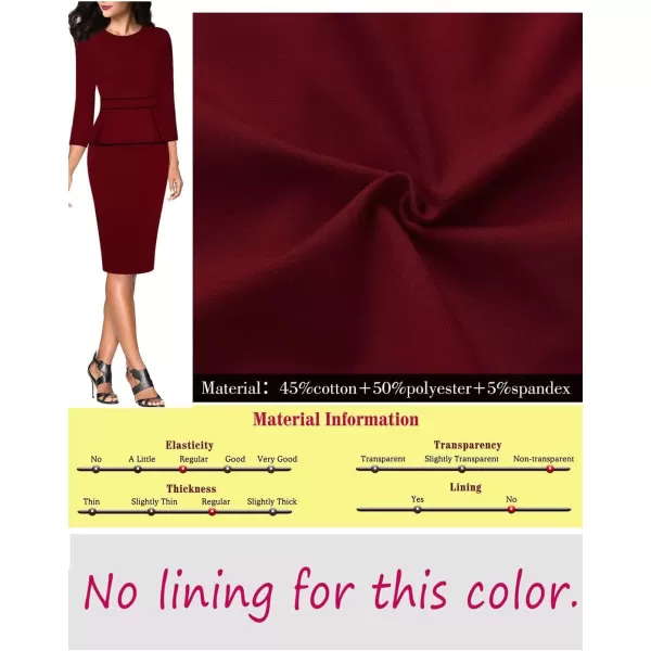 VFSHOW Womens Pleated Crew Neck Peplum Work Office Business Bodycon Sheath DressDark Red With Black Piping2