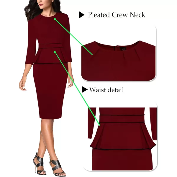 VFSHOW Womens Pleated Crew Neck Peplum Work Office Business Bodycon Sheath DressDark Red With Black Piping2