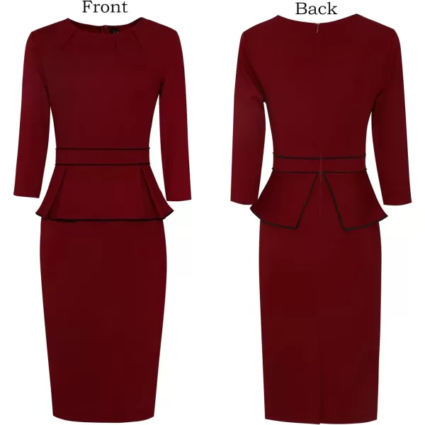 VFSHOW Womens Pleated Crew Neck Peplum Work Office Business Bodycon Sheath DressDark Red With Black Piping2