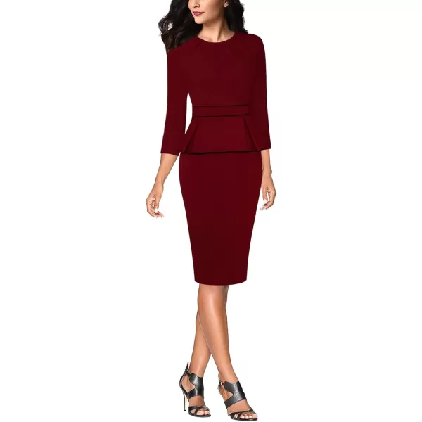 VFSHOW Womens Pleated Crew Neck Peplum Work Office Business Bodycon Sheath DressDark Red With Black Piping2