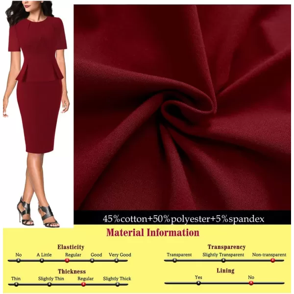 VFSHOW Womens Pleated Crew Neck Peplum Work Office Business Bodycon Sheath DressDark Redshort Sleeve