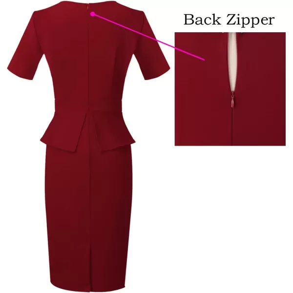 VFSHOW Womens Pleated Crew Neck Peplum Work Office Business Bodycon Sheath DressDark Redshort Sleeve