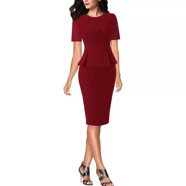 VFSHOW Womens Pleated Crew Neck Peplum Work Office Business Bodycon Sheath DressDark Redshort Sleeve