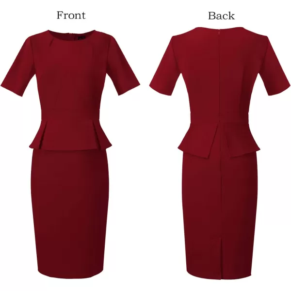 VFSHOW Womens Pleated Crew Neck Peplum Work Office Business Bodycon Sheath DressDark Redshort Sleeve