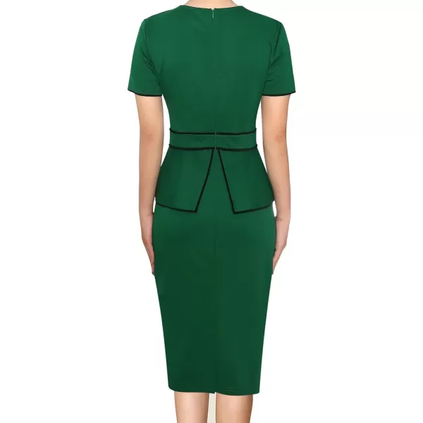 VFSHOW Womens Pleated Crew Neck Peplum Work Office Business Bodycon Sheath DressGreen With Black Piping