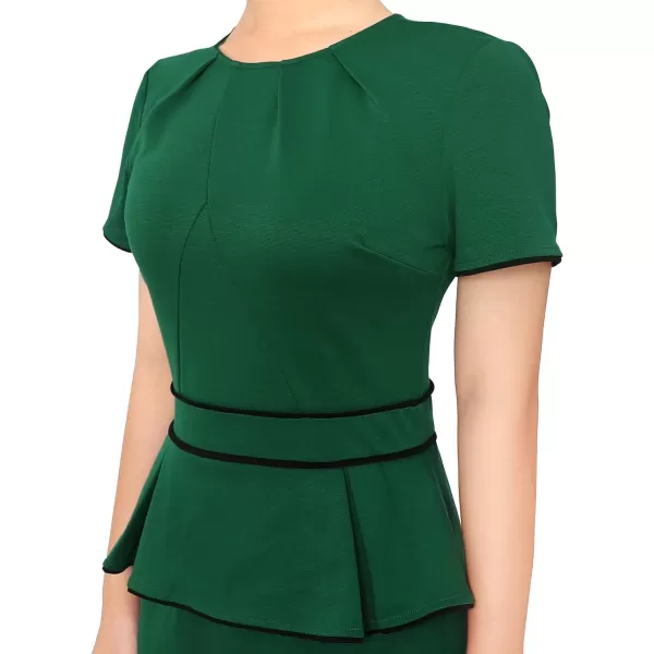 VFSHOW Womens Pleated Crew Neck Peplum Work Office Business Bodycon Sheath DressGreen With Black Piping