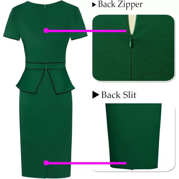 VFSHOW Womens Pleated Crew Neck Peplum Work Office Business Bodycon Sheath DressGreen With Black Piping