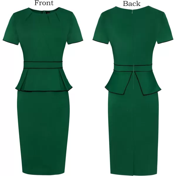 VFSHOW Womens Pleated Crew Neck Peplum Work Office Business Bodycon Sheath DressGreen With Black Piping