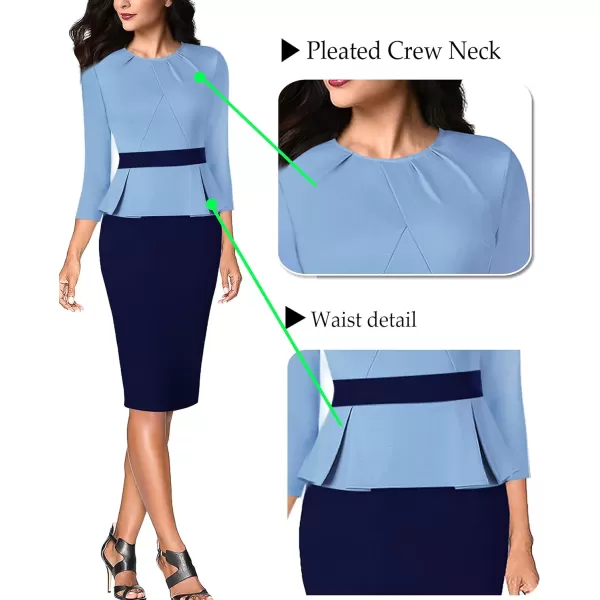 VFSHOW Womens Pleated Crew Neck Peplum Work Office Business Bodycon Sheath DressLight and Navy Blue2