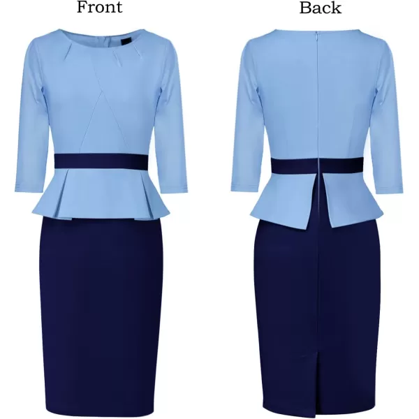 VFSHOW Womens Pleated Crew Neck Peplum Work Office Business Bodycon Sheath DressLight and Navy Blue2