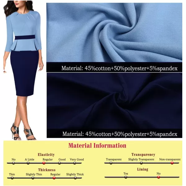 VFSHOW Womens Pleated Crew Neck Peplum Work Office Business Bodycon Sheath DressLight and Navy Blue2